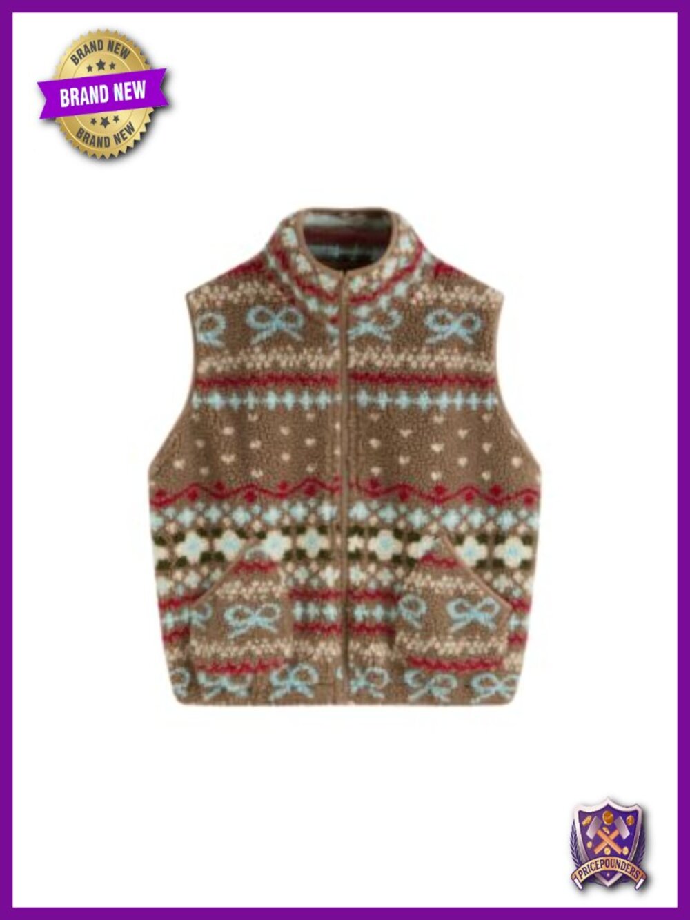 Sherpa fleece cropped zip up vest with bow graphic and pockets